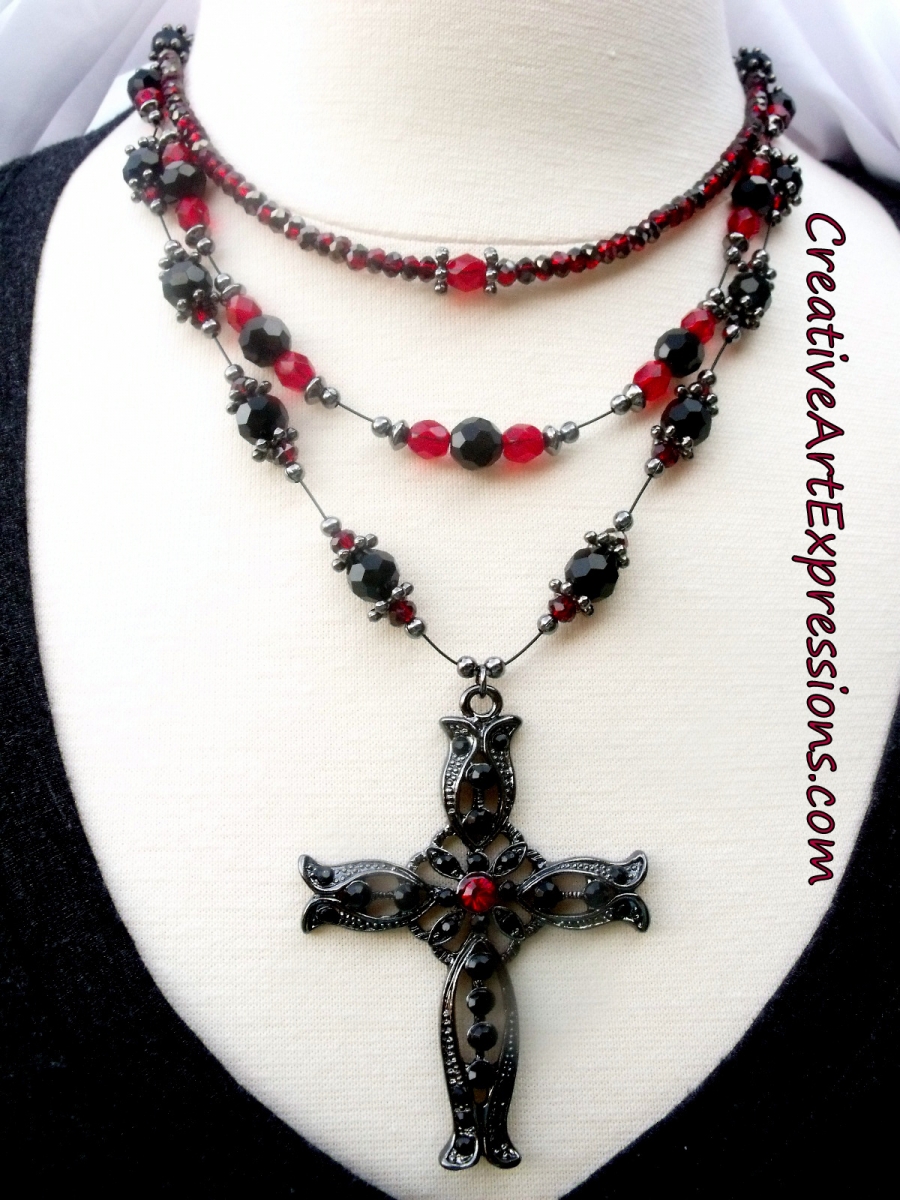 Creative Art Expressions Handmade Black & Red Cross 3 Strand Necklace Jewelry Design